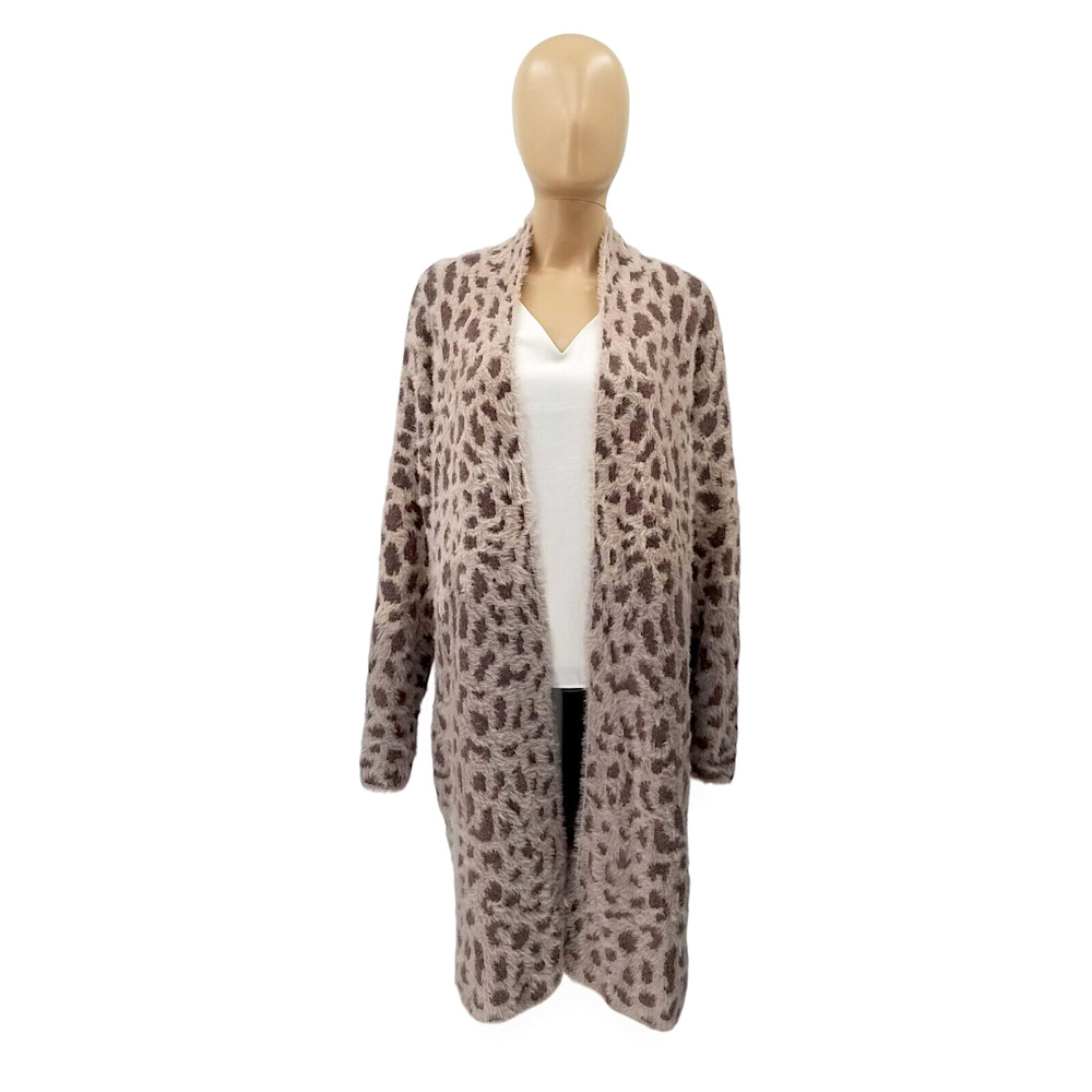 Ezra Furry Knit 2-Tone Brown Animal Print Pocket Open Cardigan Sweater Large